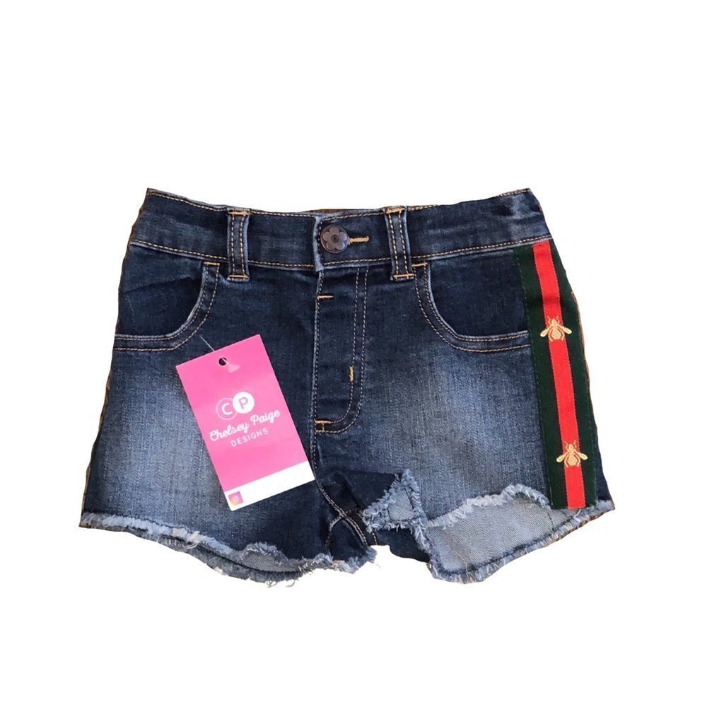 Toddler Denim Shorts W/ Green/Red Bee Side Ribbon - Picture 2 of 12